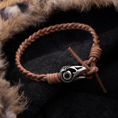 Arm Rings - Leather Bracelet, Silver Raven - Grimfrost.com