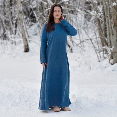 Viking Dress, Linen, Round Neck, Blue