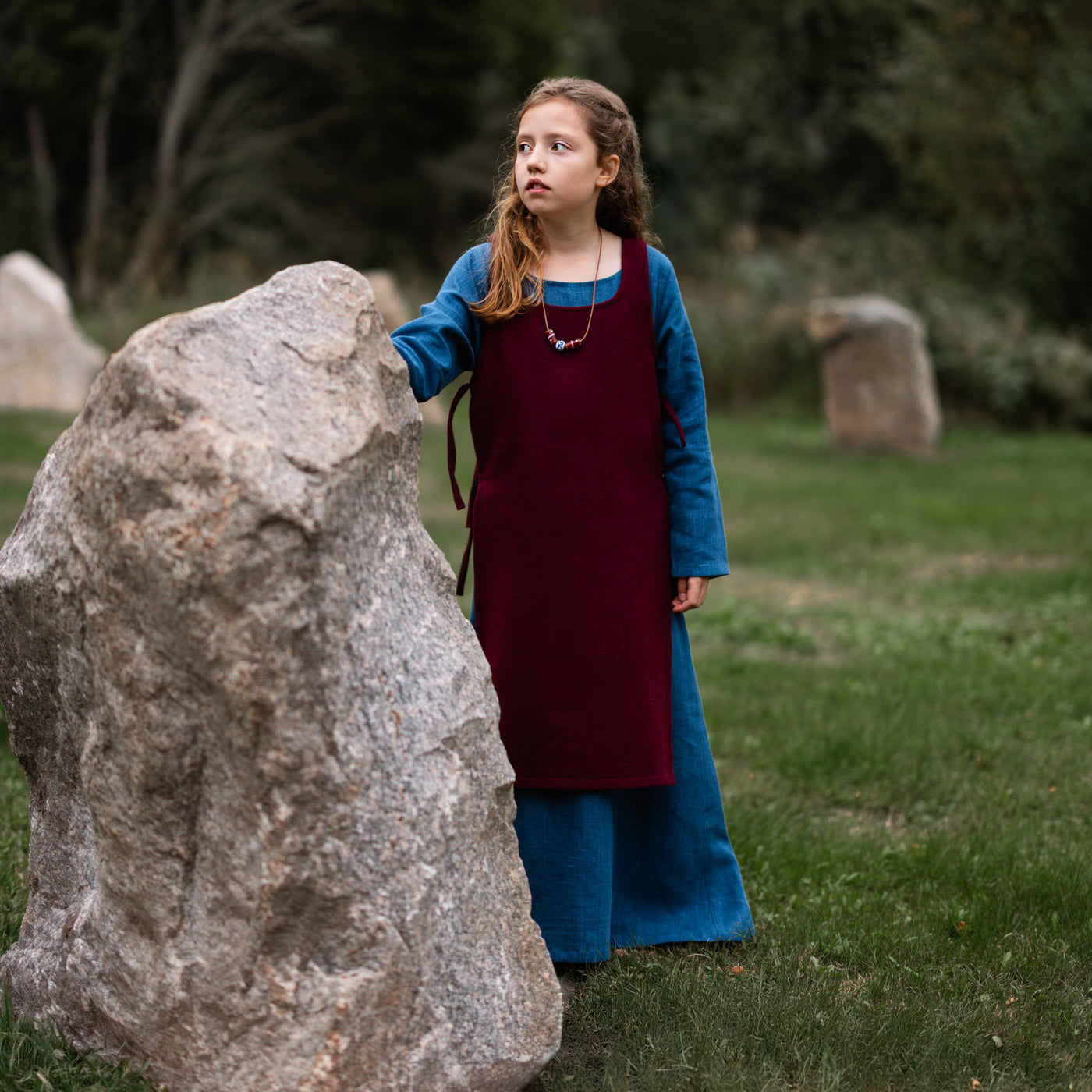 Kids Apron Dress, Blue / Burgundy Apron