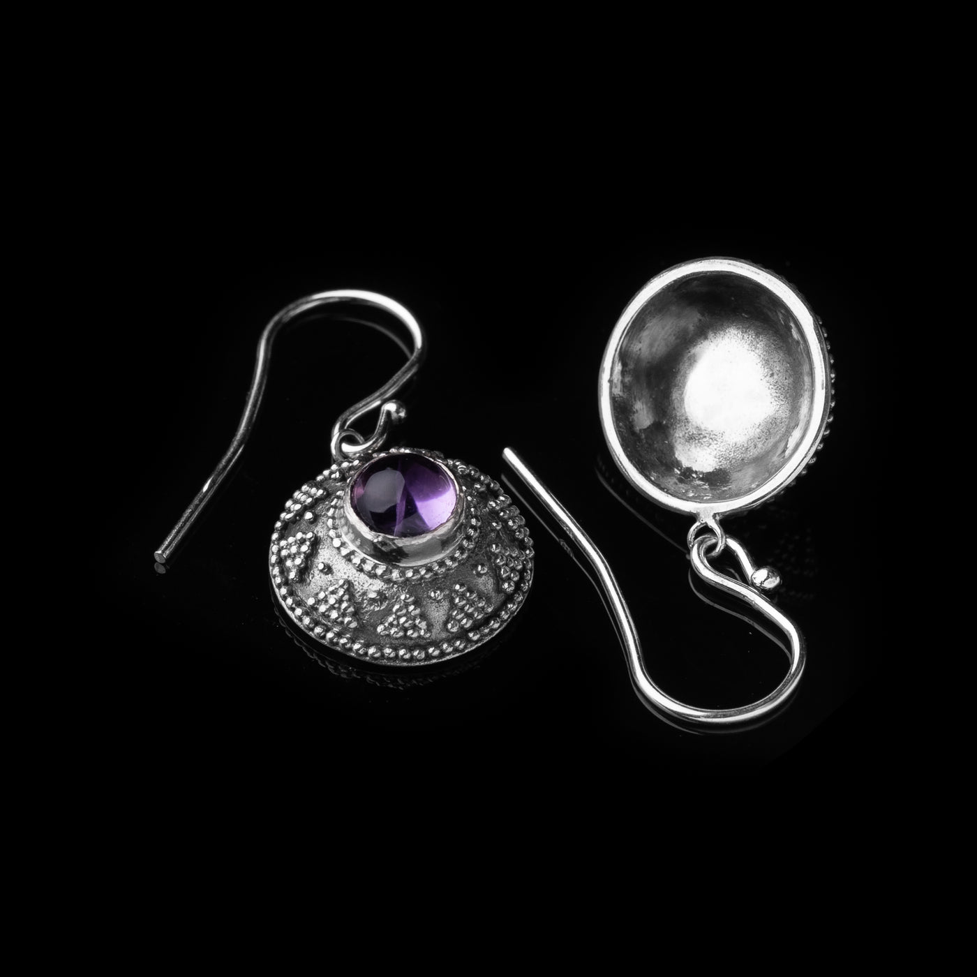 Premium Granulation Earrings, Amethyst Silver