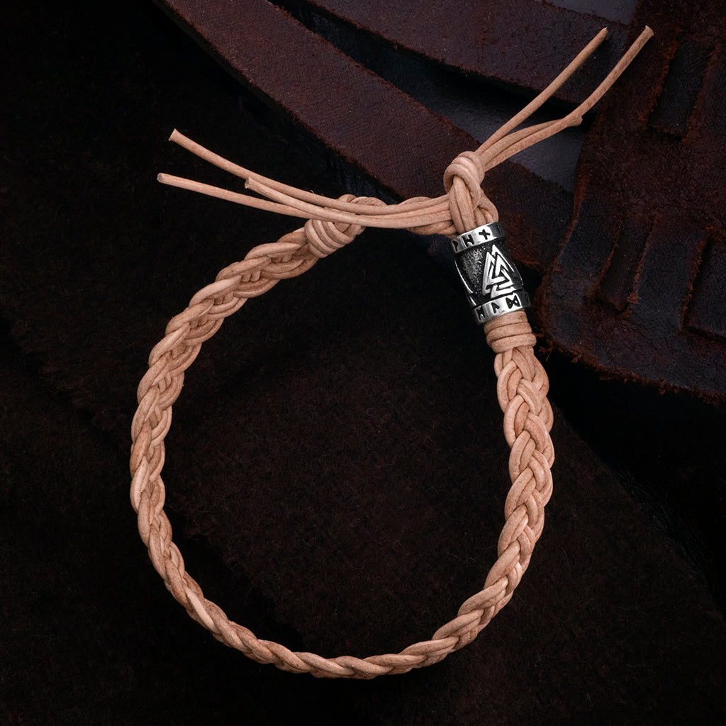 Arm Rings - Leather Bracelet, Silver Valknut - Grimfrost.com