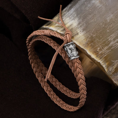 Arm Rings - Double Leather Bracelet, Silver Mjolnir - Grimfrost.com