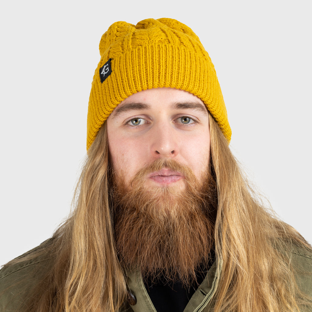 Grimfrost Cable Knit Beanie, Mustard
